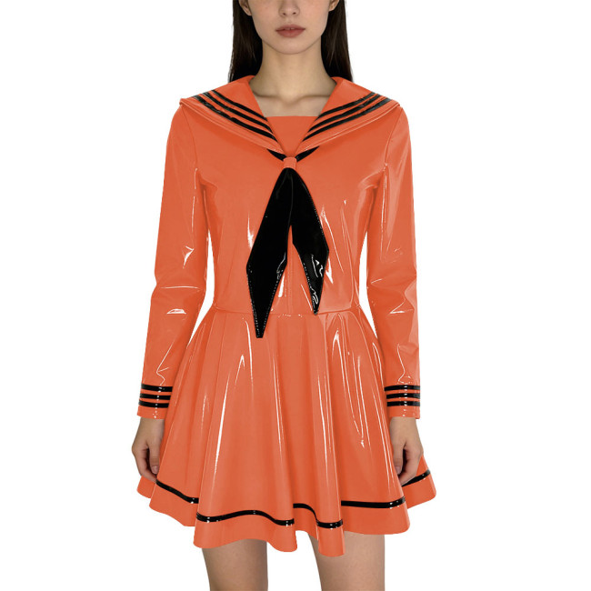 Fashion Shiny PVC Leather Sailor Dress Halloween Themed Party Cosplay Outfit Long Sleeves Pleated Mini Dress with Black Necktie