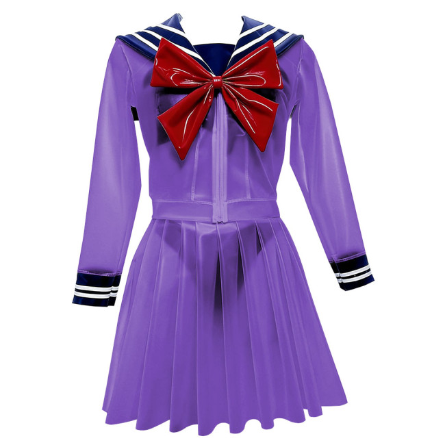Fetish Plastic Clear PVC Sailor Uniform with Bow Classic Long Sleeve Top with Pleated Mini Skirt Anime Club Cosplay Costume 7XL