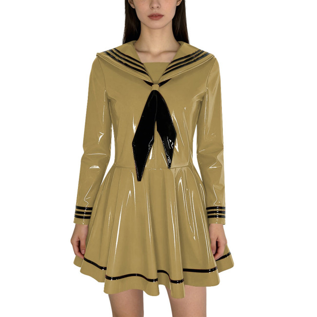 Fashion Shiny PVC Leather Sailor Dress Halloween Themed Party Cosplay Outfit Long Sleeves Pleated Mini Dress with Black Necktie