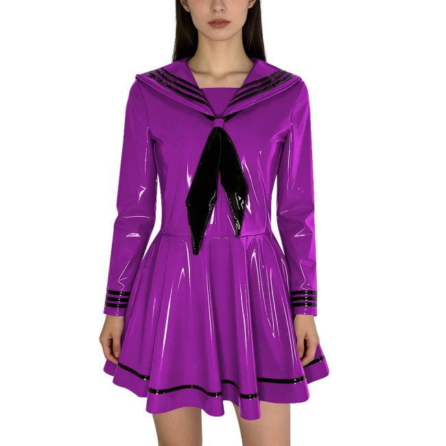 Fashion Shiny PVC Leather Sailor Dress Halloween Themed Party Cosplay Outfit Long Sleeves Pleated Mini Dress with Black Necktie