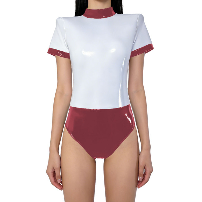 Glossy PVC Leather Club Patchwork Bodysuit Unisex Short Sleeve Zipper Back Cosplay Bodysuit Event Pole Dance Wetlook Rompers 7XL