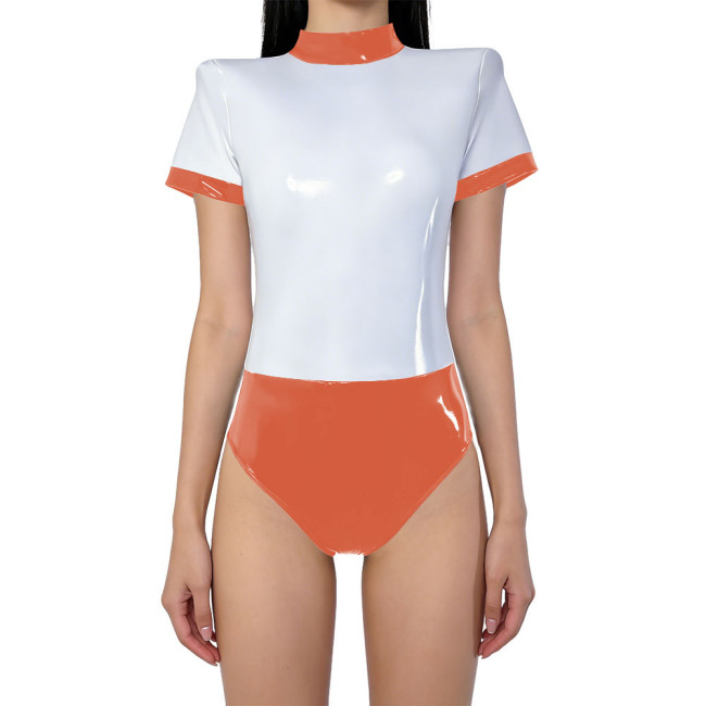 Glossy PVC Leather Club Patchwork Bodysuit Unisex Short Sleeve Zipper Back Cosplay Bodysuit Event Pole Dance Wetlook Rompers 7XL