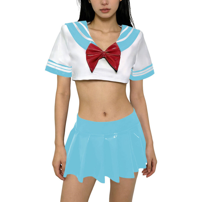 Shiny Anime JK Uniform PVC Leather Dress Sets Sailor Collar Short Sleeve Crop Top with Mini Pleated Skirt Preppy Style Outfits
