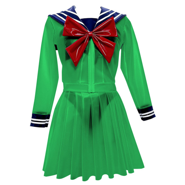 Fetish Plastic Clear PVC Sailor Uniform with Bow Classic Long Sleeve Top with Pleated Mini Skirt Anime Club Cosplay Costume 7XL