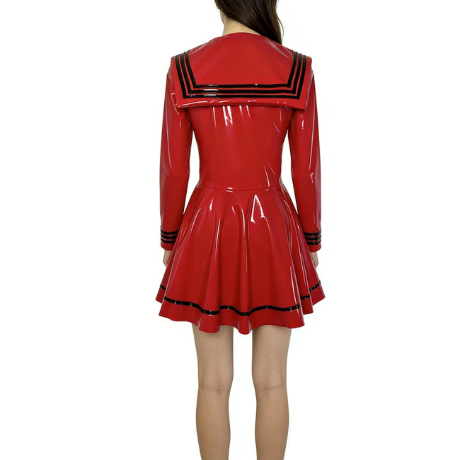 Fashion Shiny PVC Leather Sailor Dress Halloween Themed Party Cosplay Outfit Long Sleeves Pleated Mini Dress with Black Necktie