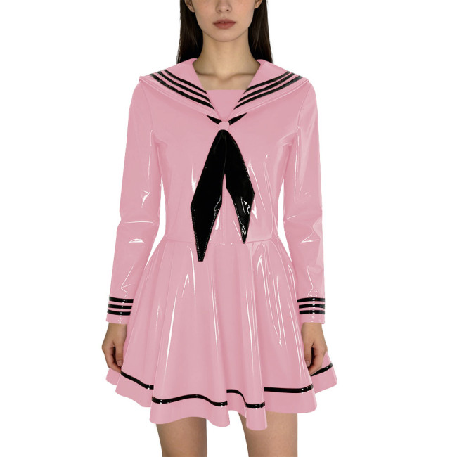 Fashion Shiny PVC Leather Sailor Dress Halloween Themed Party Cosplay Outfit Long Sleeves Pleated Mini Dress with Black Necktie