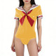 Fashionable Sailor Collar Tie Short-sleeved Bodysuit Tops Glossy PVC Leather Party Cosplay Romper Halloween Role Play Jk Uniform