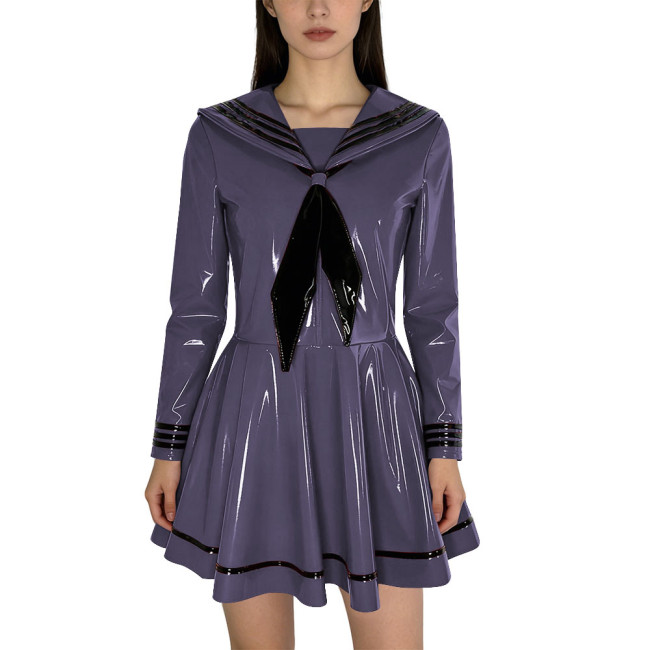 Fashion Shiny PVC Leather Sailor Dress Halloween Themed Party Cosplay Outfit Long Sleeves Pleated Mini Dress with Black Necktie
