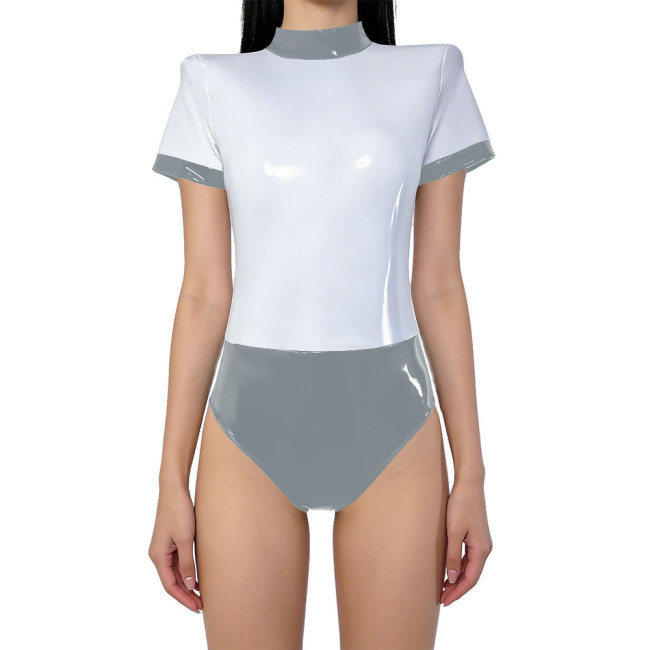 Glossy PVC Leather Club Patchwork Bodysuit Unisex Short Sleeve Zipper Back Cosplay Bodysuit Event Pole Dance Wetlook Rompers 7XL