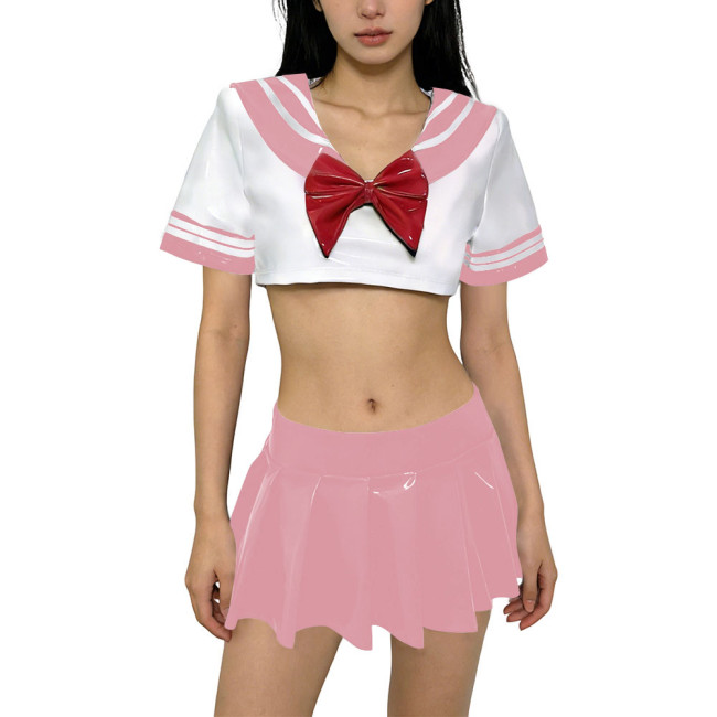 Shiny Anime JK Uniform PVC Leather Dress Sets Sailor Collar Short Sleeve Crop Top with Mini Pleated Skirt Preppy Style Outfits