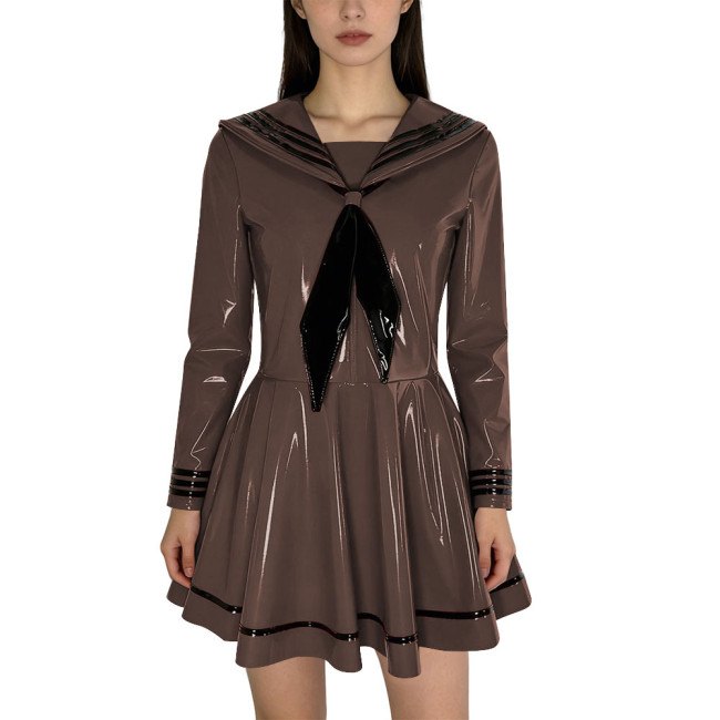 Fashion Shiny PVC Leather Sailor Dress Halloween Themed Party Cosplay Outfit Long Sleeves Pleated Mini Dress with Black Necktie