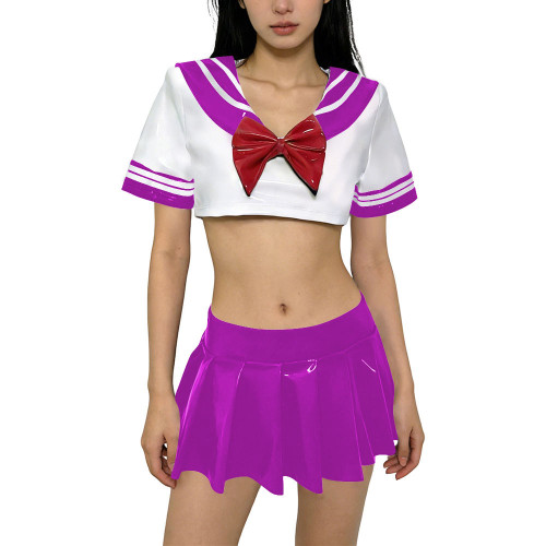 Shiny Anime JK Uniform PVC Leather Dress Sets Sailor Collar Short Sleeve Crop Top with Mini Pleated Skirt Preppy Style Outfits