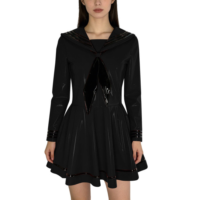 Fashion Shiny PVC Leather Sailor Dress Halloween Themed Party Cosplay Outfit Long Sleeves Pleated Mini Dress with Black Necktie