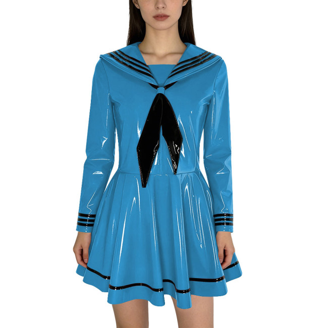 Fashion Shiny PVC Leather Sailor Dress Halloween Themed Party Cosplay Outfit Long Sleeves Pleated Mini Dress with Black Necktie