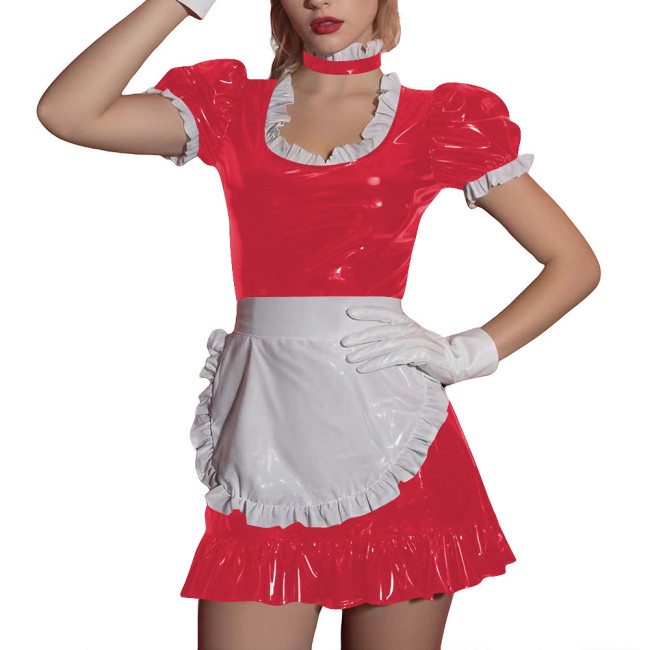 Women Sissy Ruffles Maid Uniforms Lockable French PVC Shiny Leather Maid Dress Outfits Crossdress Party Club Roleplay Costume