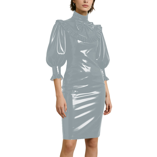 Women's Elegant Half Sleeve Pencil Dress Lockable Coctail Party Midi Pencil Dresses PVC Shiny Leather Bow Bodycon Dress Clubwear