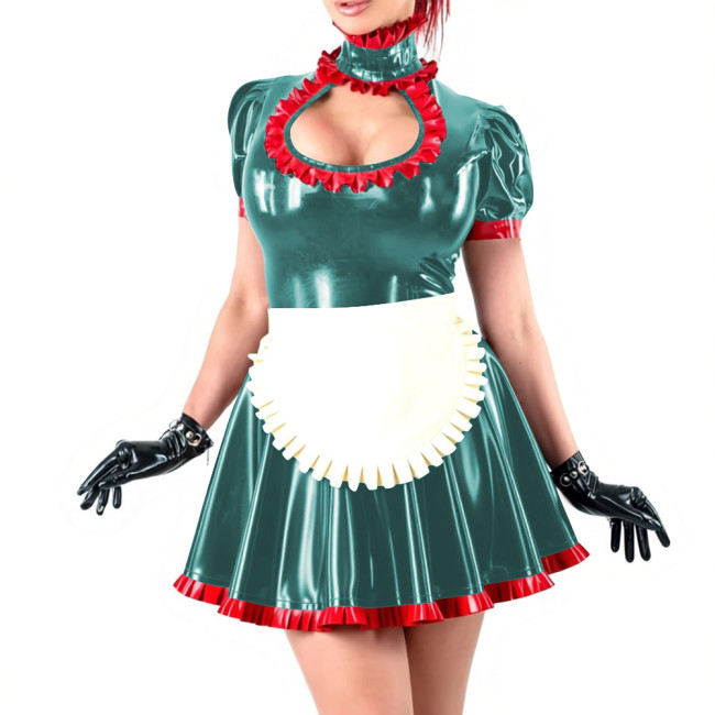 Novetly Sexy Ruffle Trim Mini Dress Wetlook PVC Hollow A-line Pleated Dress with White Apron for Carnival Party Role Play Outfit