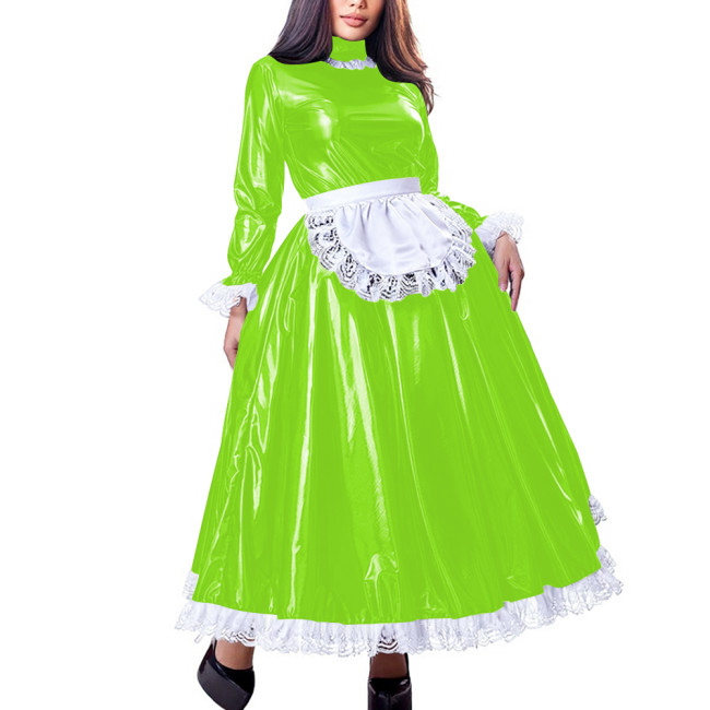Sissy Sweet High Neck Long Sleeve Maxi Maid Dress with Lace Trim Shiny PVC Leather A-line French Maid Uniforms Halloween Cosplay