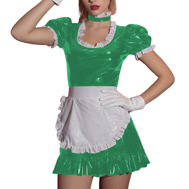 Women Sissy Ruffles Maid Uniforms Lockable French PVC Shiny Leather Maid Dress Outfits Crossdress Party Club Roleplay Costume
