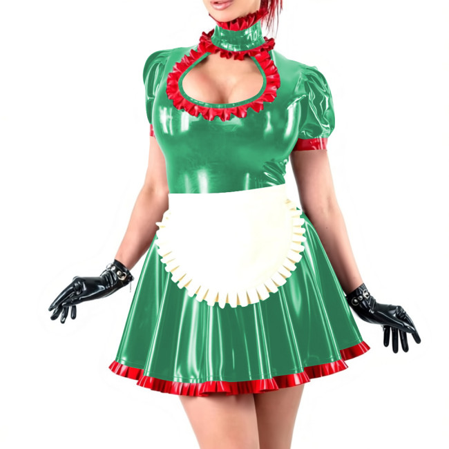 Novetly Sexy Ruffle Trim Mini Dress Wetlook PVC Hollow A-line Pleated Dress with White Apron for Carnival Party Role Play Outfit