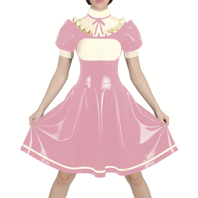 Fetish Latex-look PVC French Mid Maid Dress Puff Short Sleeve Ruffle High Collar Party A-Line Dress Halloween Cosplay Outfit