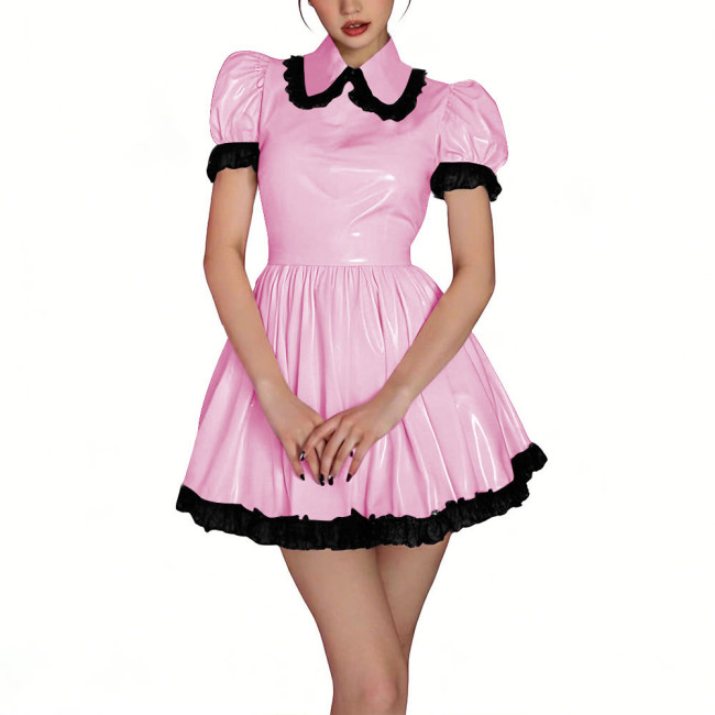 Womens Shiny PVC High Waist Pleated Mini Dress with Black Lace Trim Puff Sleeve Glossy Lolita Style Short Robe for Cosplay Party