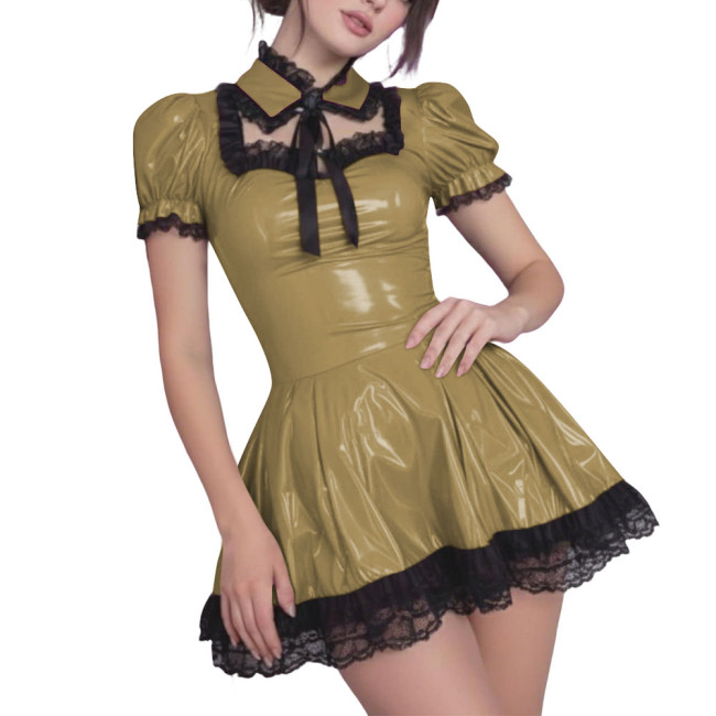 Gothic Lolita Style PVC Shiny Mini Dress with Black Lace Trim Sexy Hollow Puff Short Pleated Dress Wetlook Party Maid Outfits