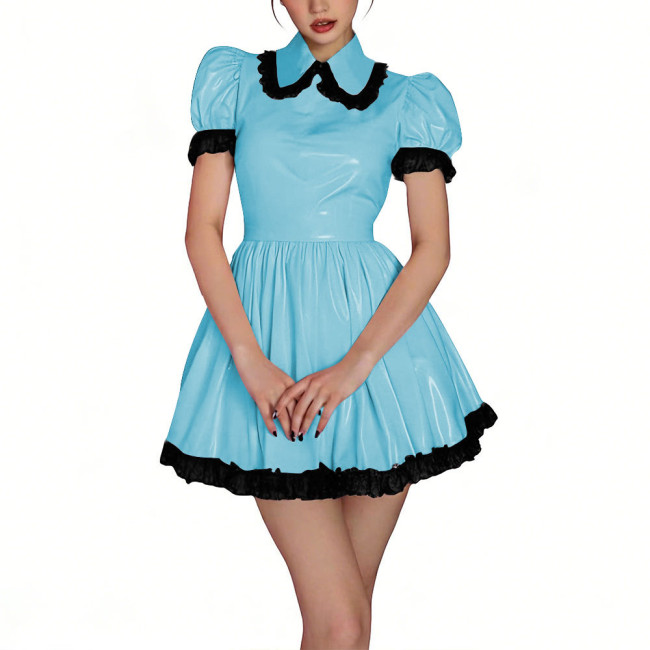 Womens Shiny PVC High Waist Pleated Mini Dress with Black Lace Trim Puff Sleeve Glossy Lolita Style Short Robe for Cosplay Party