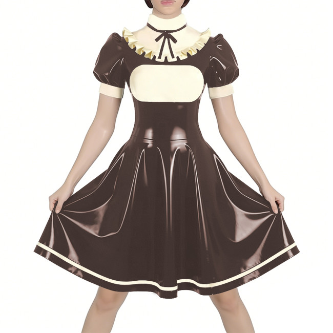 Fetish Latex-look PVC French Mid Maid Dress Puff Short Sleeve Ruffle High Collar Party A-Line Dress Halloween Cosplay Outfit