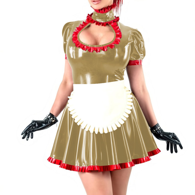 Novetly Sexy Ruffle Trim Mini Dress Wetlook PVC Hollow A-line Pleated Dress with White Apron for Carnival Party Role Play Outfit