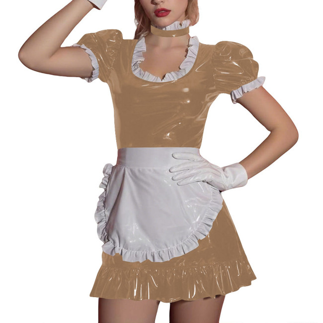 Women Sissy Ruffles Maid Uniforms Lockable French PVC Shiny Leather Maid Dress Outfits Crossdress Party Club Roleplay Costume