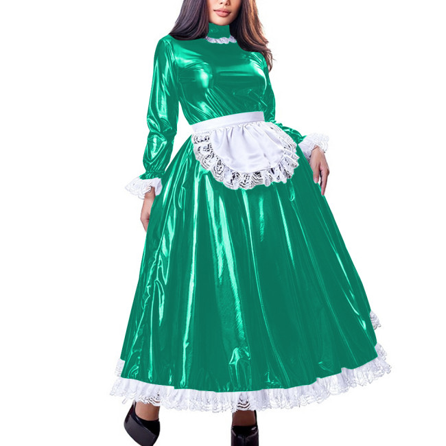 Sissy Sweet High Neck Long Sleeve Maxi Maid Dress with Lace Trim Shiny PVC Leather A-line French Maid Uniforms Halloween Cosplay