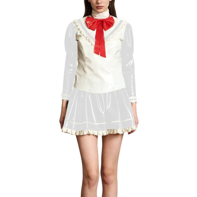Kawaii Lolita Style Shiny PVC Sailor Dress Outfits Patchwork Long Sleeve Back Zip Bow Top Pleated Mini Skirt Halloween Cosplay