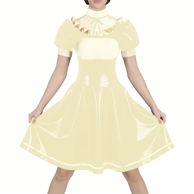 Fetish Latex-look PVC French Mid Maid Dress Puff Short Sleeve Ruffle High Collar Party A-Line Dress Halloween Cosplay Outfit