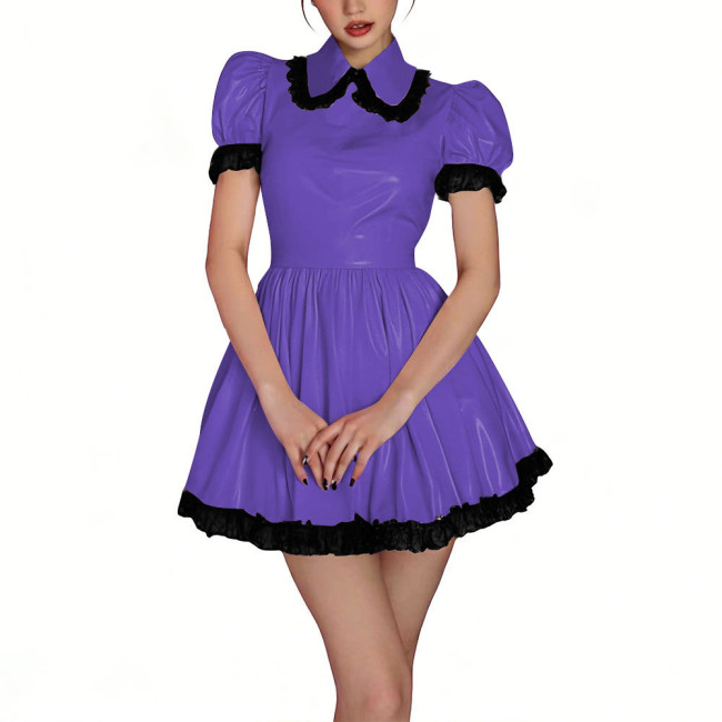 Womens Shiny PVC High Waist Pleated Mini Dress with Black Lace Trim Puff Sleeve Glossy Lolita Style Short Robe for Cosplay Party