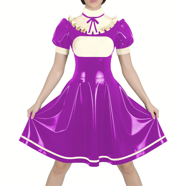 Fetish Latex-look PVC French Mid Maid Dress Puff Short Sleeve Ruffle High Collar Party A-Line Dress Halloween Cosplay Outfit