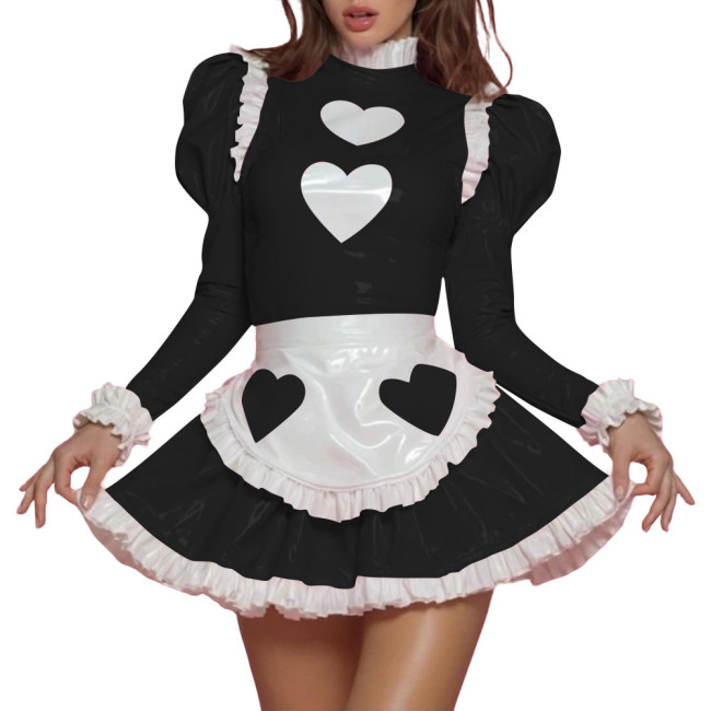 Womens Sissy Sweet PVC Shiny Leather Maid Uniform Heart Print Puff Long Sleeve Ruffle Trim Mini Dress Apron Set Role Play Outfit