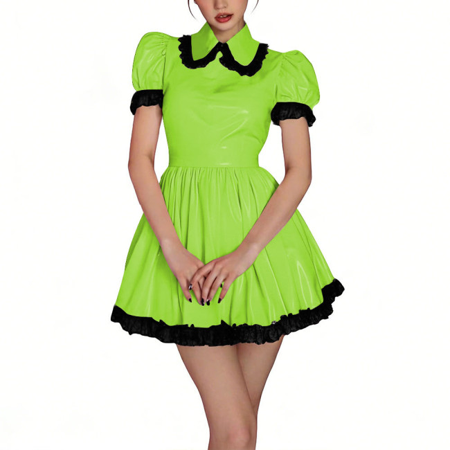 Womens Shiny PVC High Waist Pleated Mini Dress with Black Lace Trim Puff Sleeve Glossy Lolita Style Short Robe for Cosplay Party