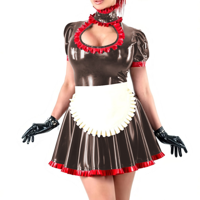 Novetly Sexy Ruffle Trim Mini Dress Wetlook PVC Hollow A-line Pleated Dress with White Apron for Carnival Party Role Play Outfit