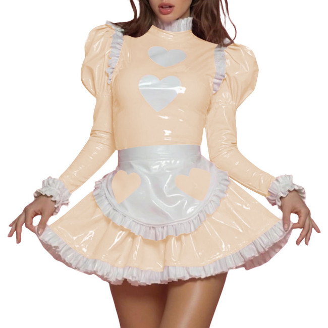 Womens Sissy Sweet PVC Shiny Leather Maid Uniform Heart Print Puff Long Sleeve Ruffle Trim Mini Dress Apron Set Role Play Outfit
