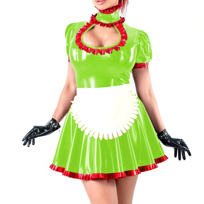 Novetly Sexy Ruffle Trim Mini Dress Wetlook PVC Hollow A-line Pleated Dress with White Apron for Carnival Party Role Play Outfit