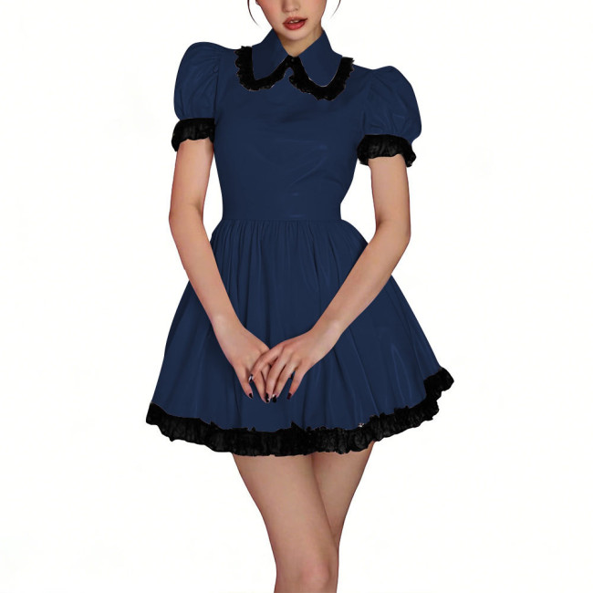 Womens Shiny PVC High Waist Pleated Mini Dress with Black Lace Trim Puff Sleeve Glossy Lolita Style Short Robe for Cosplay Party