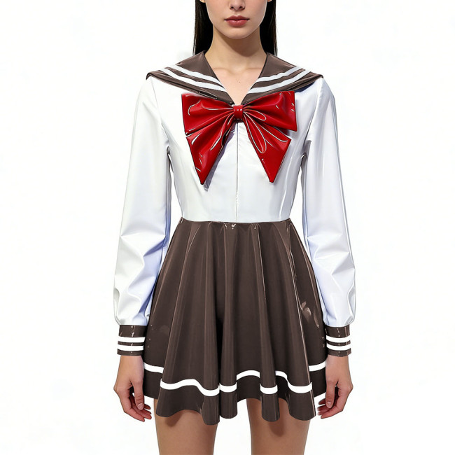 Shiny Preppy Sailor Style Mini Pleated Dress Womens Long Sleeves PVC Leather High Waist A-line Dress with Bow Cosplay Costume