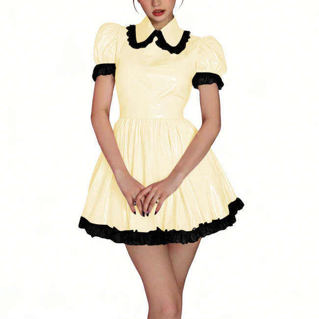 Womens Shiny PVC High Waist Pleated Mini Dress with Black Lace Trim Puff Sleeve Glossy Lolita Style Short Robe for Cosplay Party