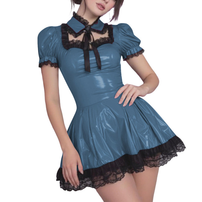 Gothic Lolita Style PVC Shiny Mini Dress with Black Lace Trim Sexy Hollow Puff Short Pleated Dress Wetlook Party Maid Outfits