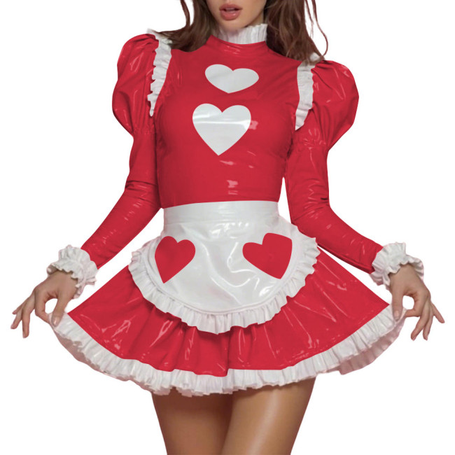 Womens Sissy Sweet PVC Shiny Leather Maid Uniform Heart Print Puff Long Sleeve Ruffle Trim Mini Dress Apron Set Role Play Outfit