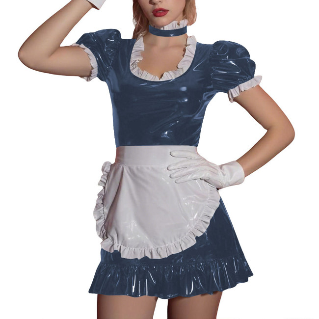 Women Sissy Ruffles Maid Uniforms Lockable French PVC Shiny Leather Maid Dress Outfits Crossdress Party Club Roleplay Costume