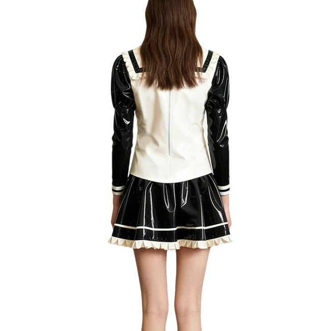 Kawaii Lolita Style Shiny PVC Sailor Dress Outfits Patchwork Long Sleeve Back Zip Bow Top Pleated Mini Skirt Halloween Cosplay