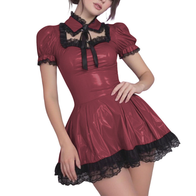 Gothic Lolita Style PVC Shiny Mini Dress with Black Lace Trim Sexy Hollow Puff Short Pleated Dress Wetlook Party Maid Outfits