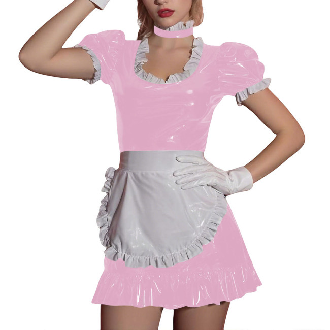 Women Sissy Ruffles Maid Uniforms Lockable French PVC Shiny Leather Maid Dress Outfits Crossdress Party Club Roleplay Costume